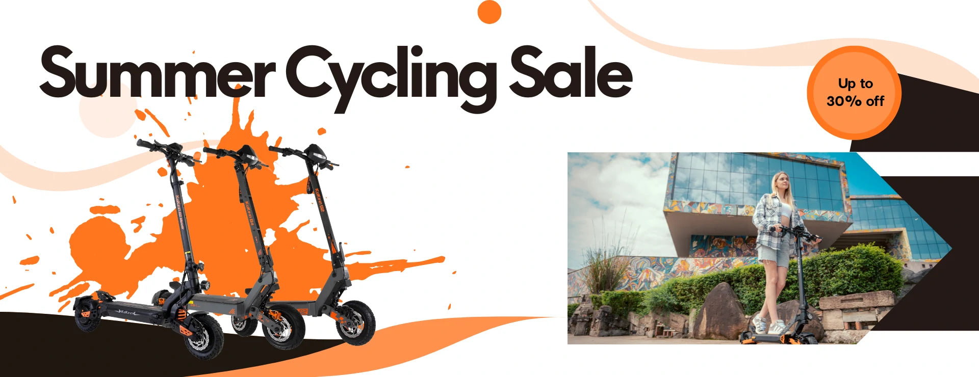 Summer Cycling Sale wide website banner for Kukirin electric scooters, up to 30% discount, graffiti orange splash design, urban commuter lifestyle scene.