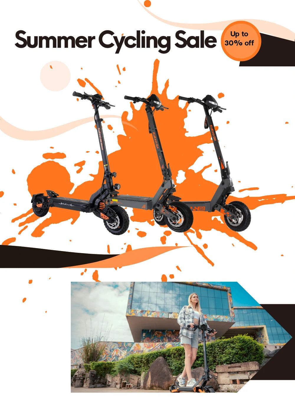 Summer Cycling Sale vertical promo poster for Kukirin foldable electric scooters, up to 30% off discount, orange splash graffiti background, urban lifestyle riding shot.